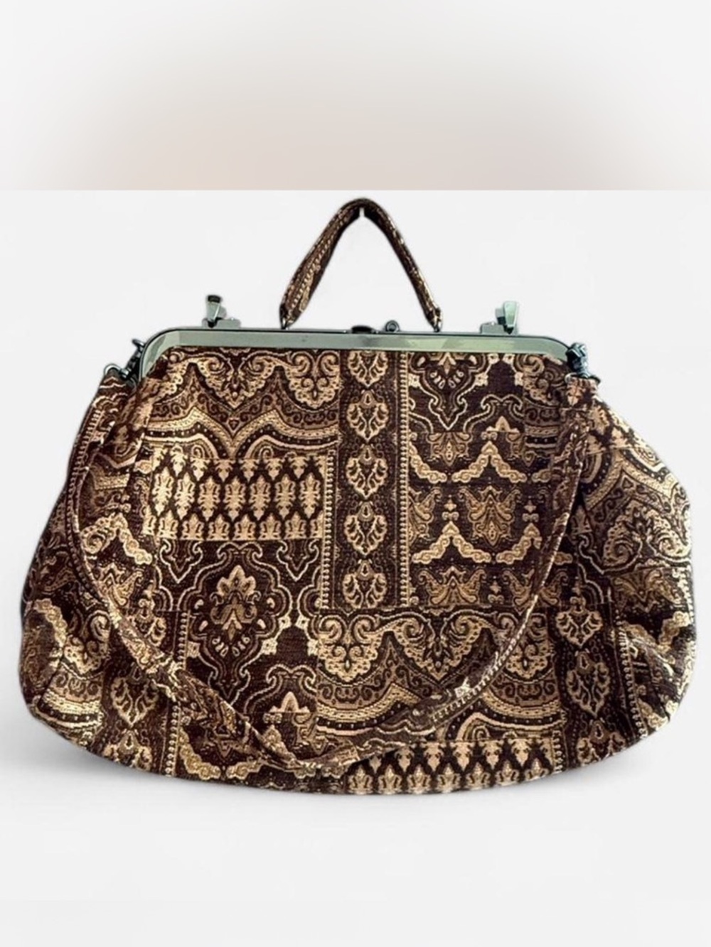 Elegant NWOT  large Brown & Gold Tapestry Top-Handle Carpet Drs Bag